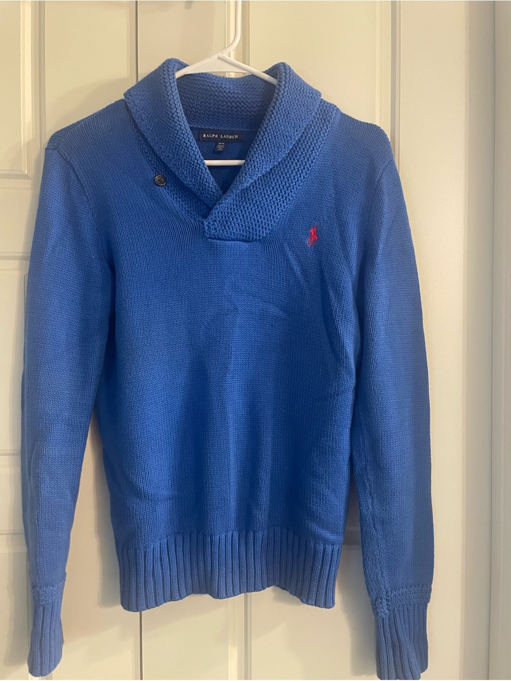 Ralph Lauren Women’s Royal Blue Shawl Collar Cotton Sweater with Red Pony